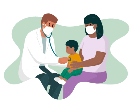 illustration of a medical professional examining a young child sitting on his mother's lap