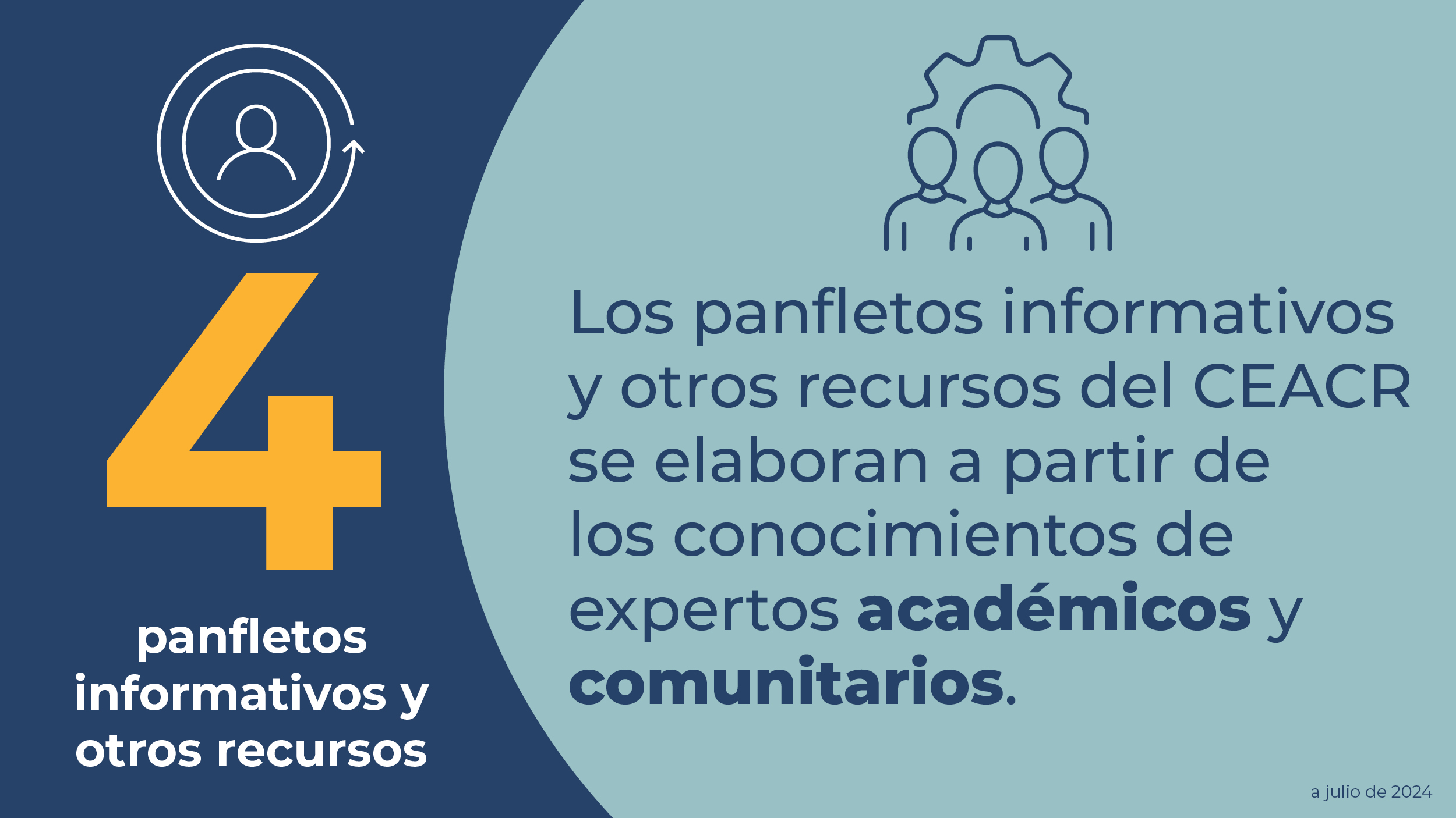 Infografía con el texto superpuesto '4 panfletos informativos y otros recursos. Los panfletos informativos y otros recursos del CEACR se elaboran a partir de los conocimientos de expertos académicos y comunitarios.' Datos a julio de 2024.