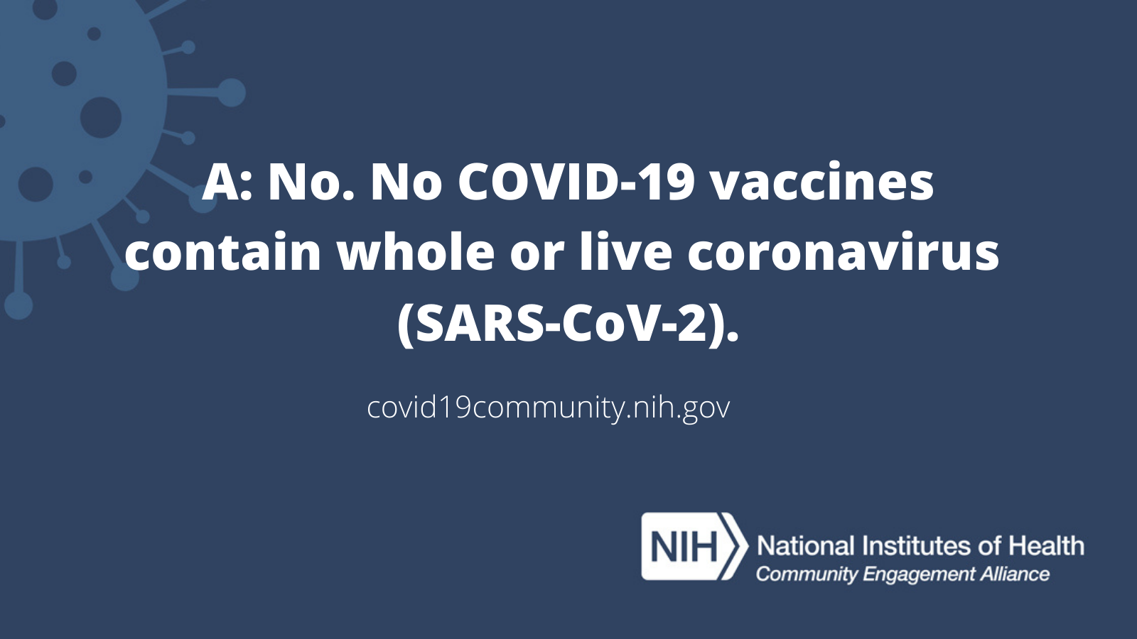 Text reads: “A: No. No COVID-19 vaccines contain whole or live coronavirus (SARS-CoV-2).​"