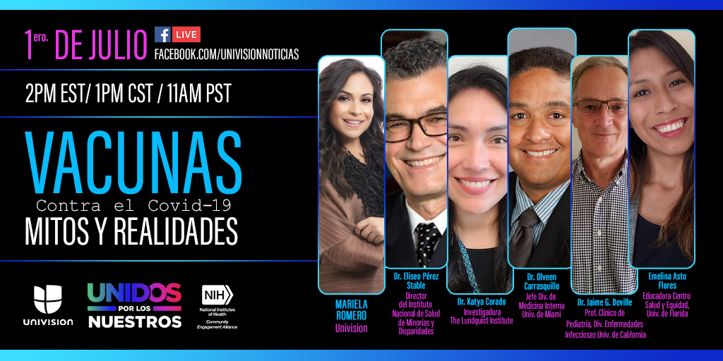 Event promo image. The text reads "Vacunas contra el COVID-19: mitos y realidades. 2pm EST/1pm EST/11am PST. 1 de julio, facebook.com/univisionnoticias. The headshots of the five panelists are next to the text.
