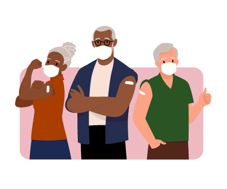 illustration of three masked people with bandages on their arms