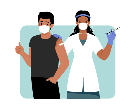 illustration of a patient with a bandaged arm and a medical professional holding a syringe