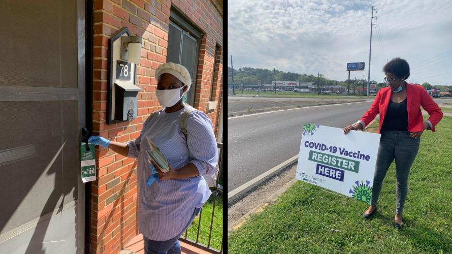 Left: Woman wearing a mask distributing door hangers. Right: Woman pitching yard sign near a road.