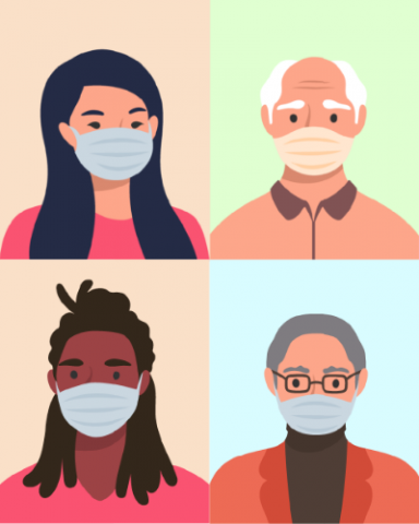 Illustration of four diverse adults wearing face masks