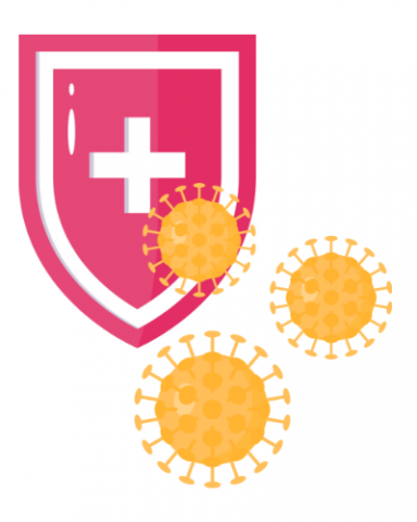 illustration of virus icons in foreground and shield with medical symbol on it in background