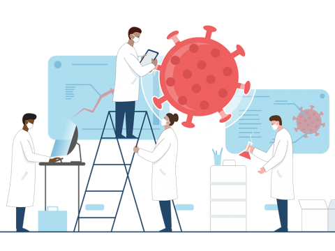 illustration of masked researchers in a lab setting