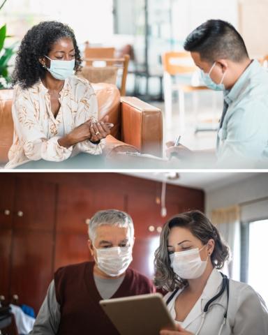 two photos stacked: top - a masked woman and man sit and talk together as the man completes a form on a clipboard; bottom - a masked doctor and her masked patient look together at a chart