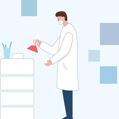 Illustration of a clinical researcher holding a flask