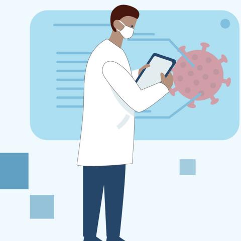 illustration of a clinical researcher holding a clipboard, with a COVID-19 molecule in background