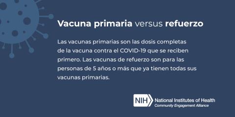  Vacuna primaria versus refuerzo - Las vacunas primarias son las dosis completas de la vacuna contra el COVID-19 que se reciben primero. Las vacunas de refuerzo son para las personas de 5 años o más que ya tienen todas sus vacunas primarias. 